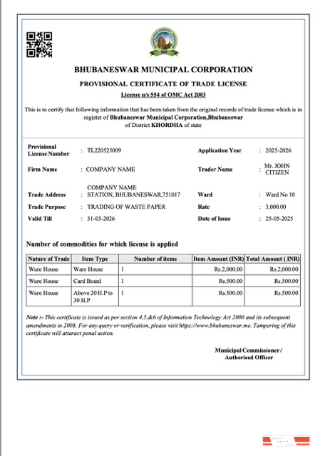 India Bhubaneswar provisional certificate of trade license Word and PDF template